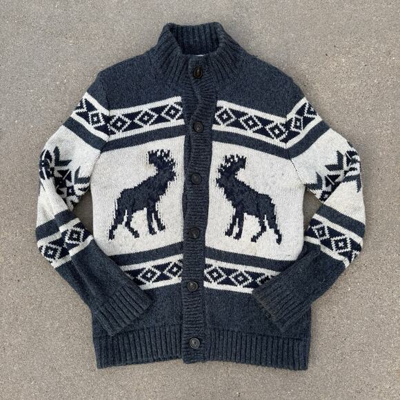 Y2K Abercrombie & Fitch Fair Isle Cabin Cardigan Blue Moose Wool Sweater Sherpa - Picture 1 of 10
